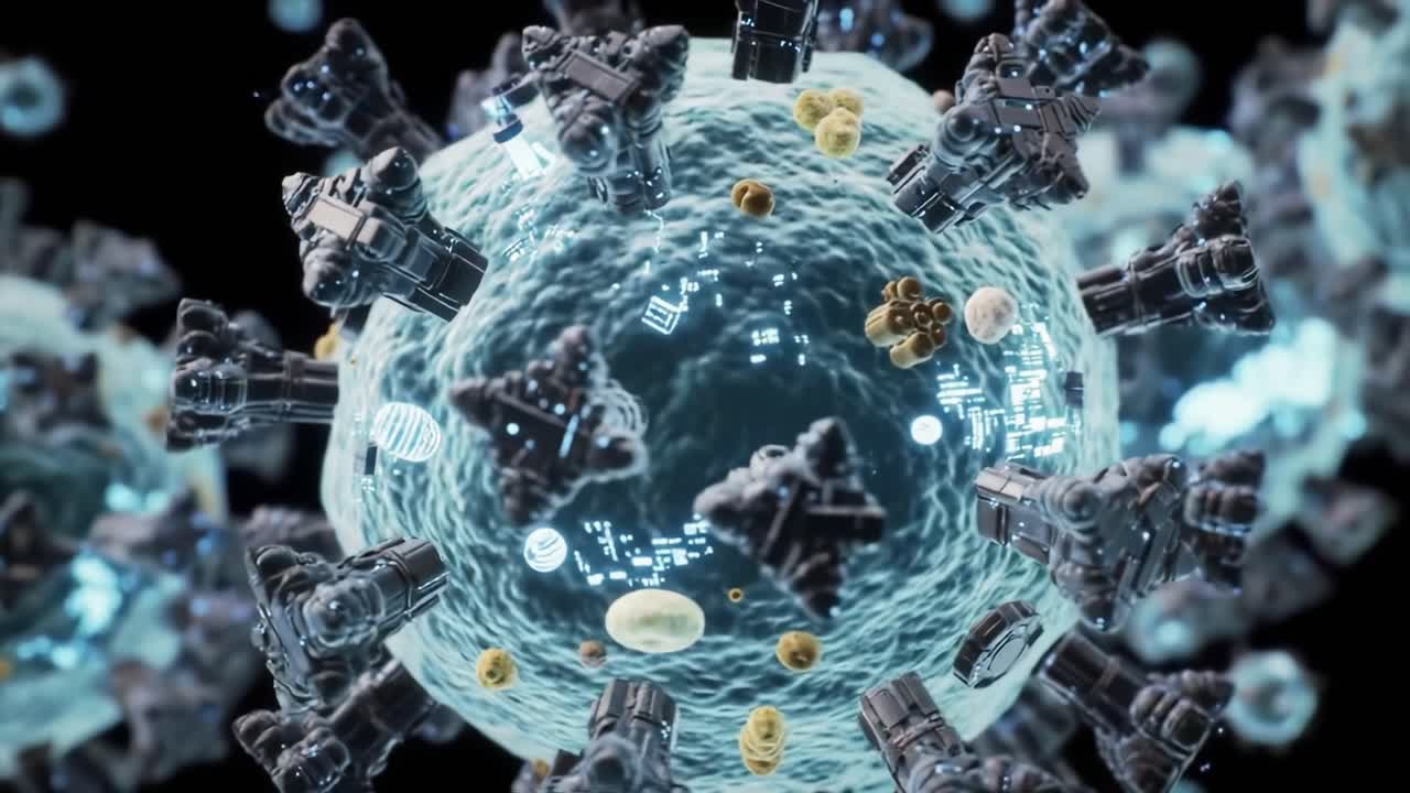 Detailed Close-Up Visualization of a Microscopic Cell Structure, Showcasing Intricate Components and Complex Organelles in Motion Under a Digital Microscope