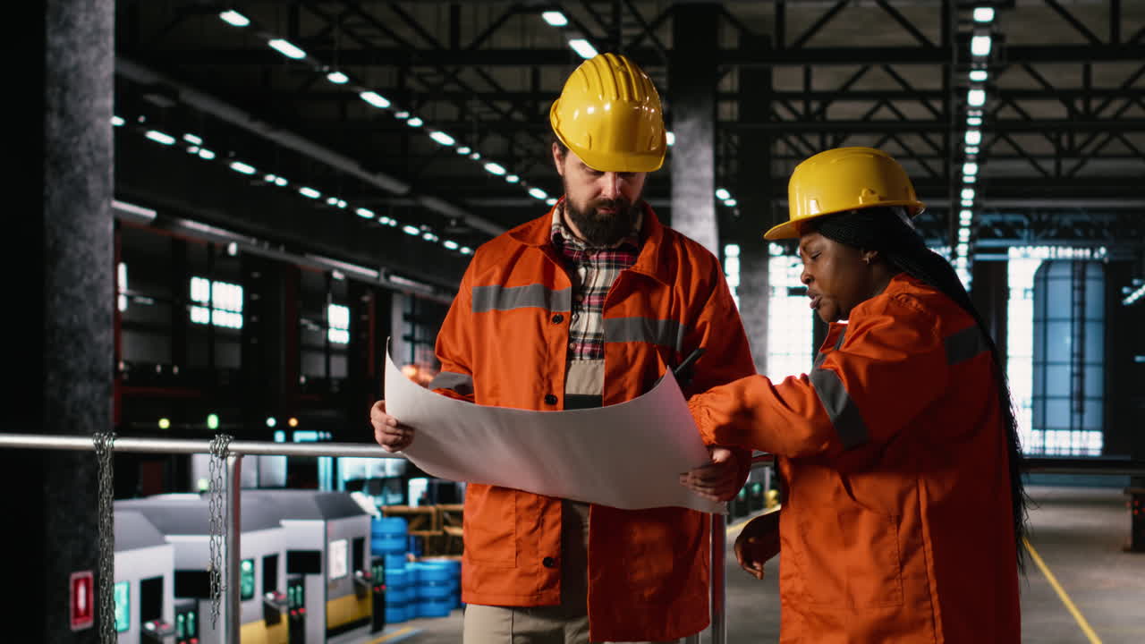 Multiethnic coworkers, technical plans, detailed sketches, heavy industry plant