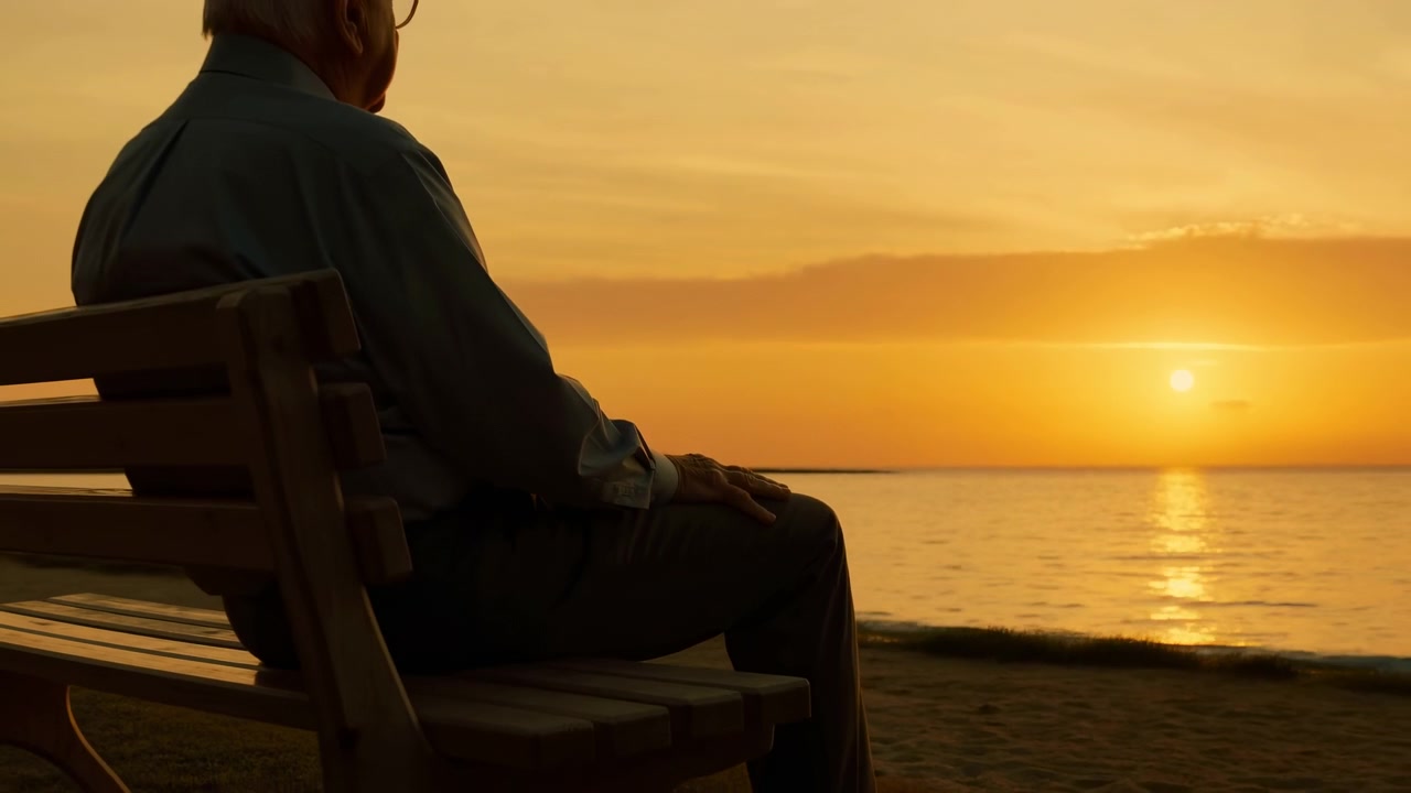 Rear three-quarter view gradually expands from man's hand and lap to show wooden bench by shoreline, while low sun casts bright reflection across calm water beneath orange evening sky.