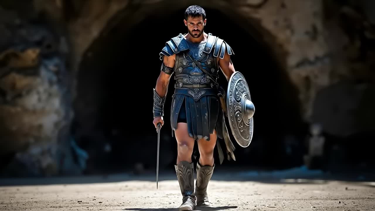A man in a gladiator costume holding a sword and shield