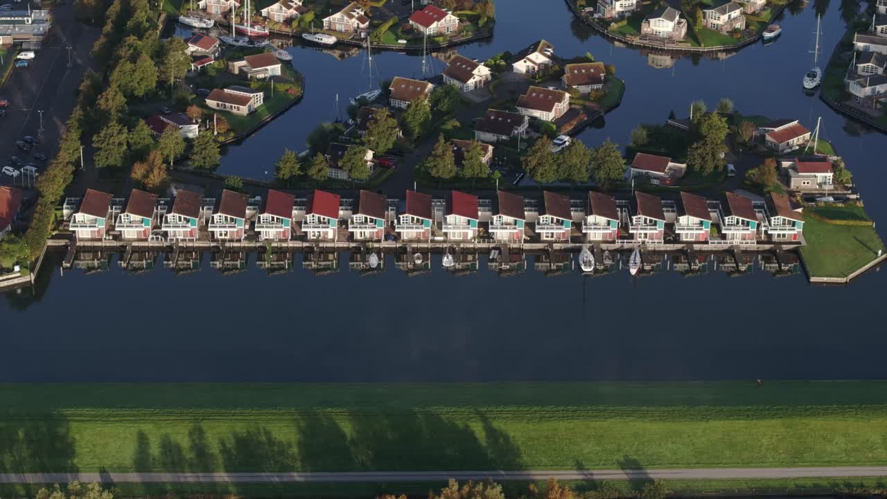 Aerial view of small harbour with houses during winter, Workum, Netherlands