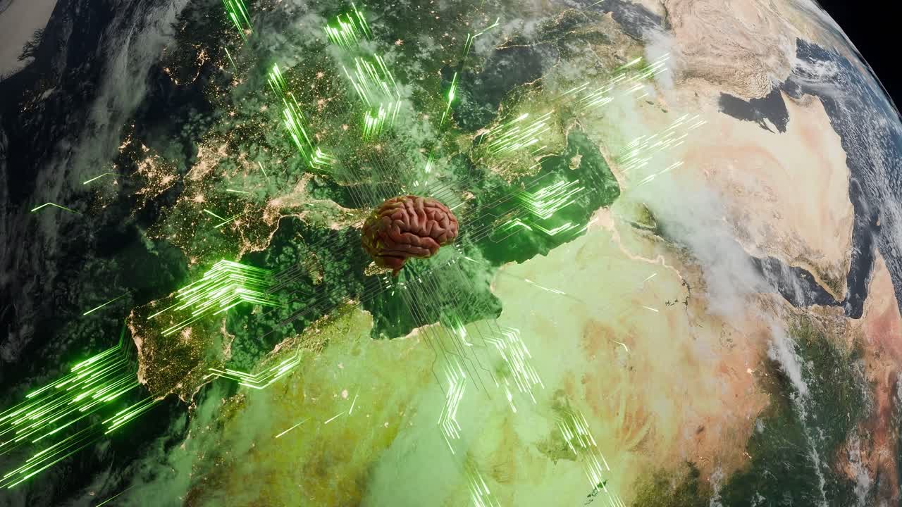 Planet Earth showing Europe and North Africa from space with human brain and green digital network lines. Artificial intelligence and global technology development concept and wallpaper