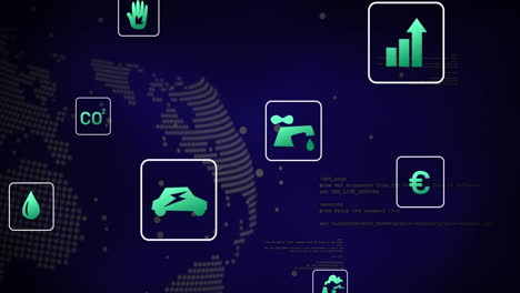 animation of digital icons and data processing over spinning globe against blue background
