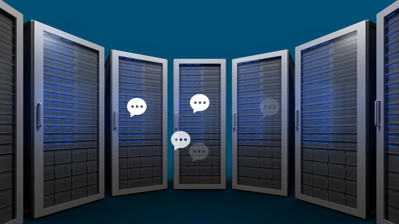 Animation of social media icons over computer servers