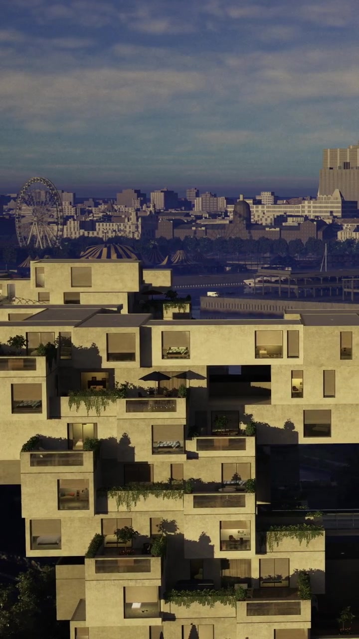 Arquitetura moderna se mistura com um horizonte urbano vibrante durante a hora dourada.