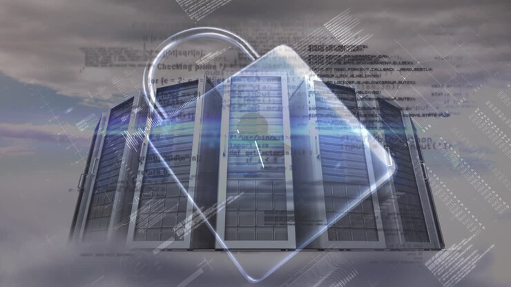 Animazione di elaborazione dati e lucchetto su cielo e sala server