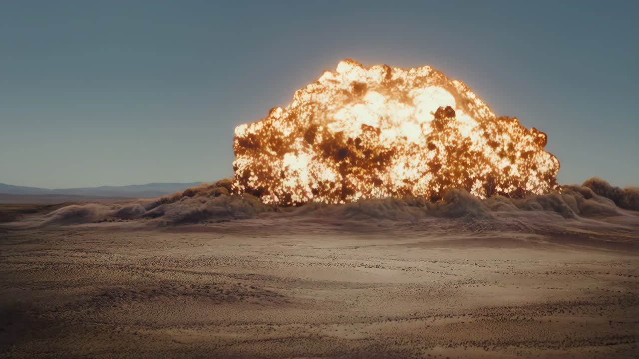 Massive Explosion with Fireball and Smoke Cloud in Desert Landscape