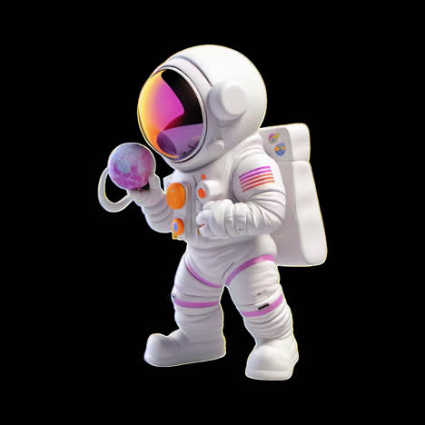 colorful astronaut holding planet animation isolated asset, transparent 4k video, alpha channel
