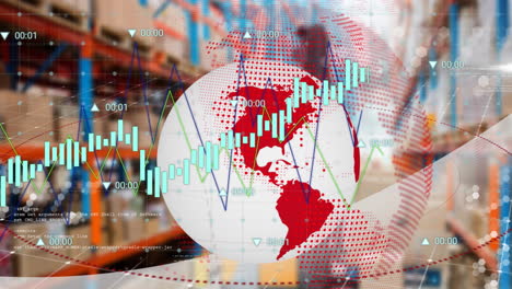 animation of financial data processing over globe and warehouse