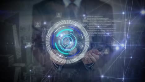 animation of scope scanning and network of connections over caucasian businessman
