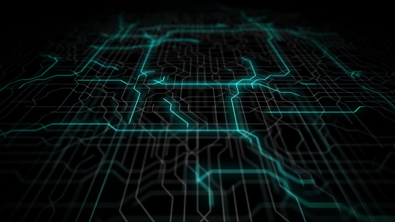 4K loop of Circuit board, Motherboard, Digital chip. Tech science background. Integrated communication processor. Information engineering component with bokeh. 3D Render computer hardware technology