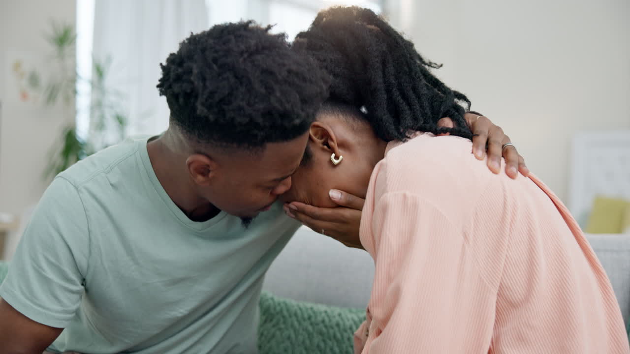 Hug, crying and black couple with love