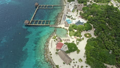 cozumel mexico aerial v17 birds eye view drone flying along las uvas shoreline capturing beautiful chankanaab beach adventure park and holiday resorts - september 2020