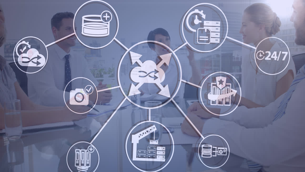 animación de una red de iconos digitales sobre diversas personas de negocios