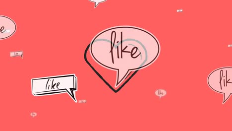 animation of like texts over heart on red background