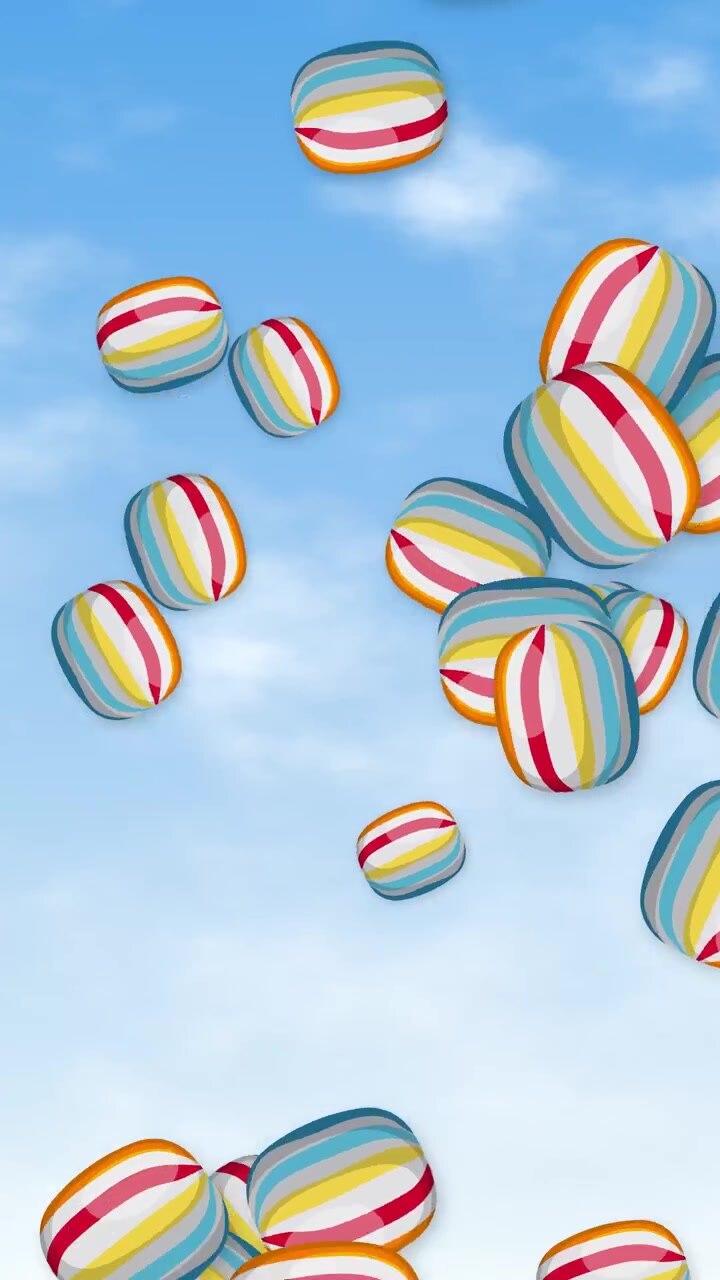 Caramelle a strisce vivaci cadono attraverso un cielo soleggiato con nuvole soffici in orientamento verticale