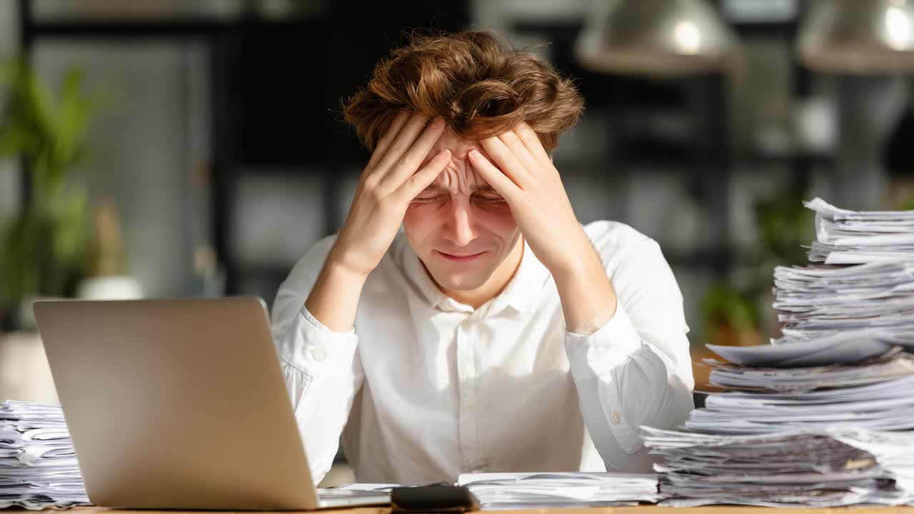 A Frustrated Young Professional Experiencing Stress at Work Surrounded by Paperwork and a Laptop, Struggling to Maintain Focus in a Chaotic Environment