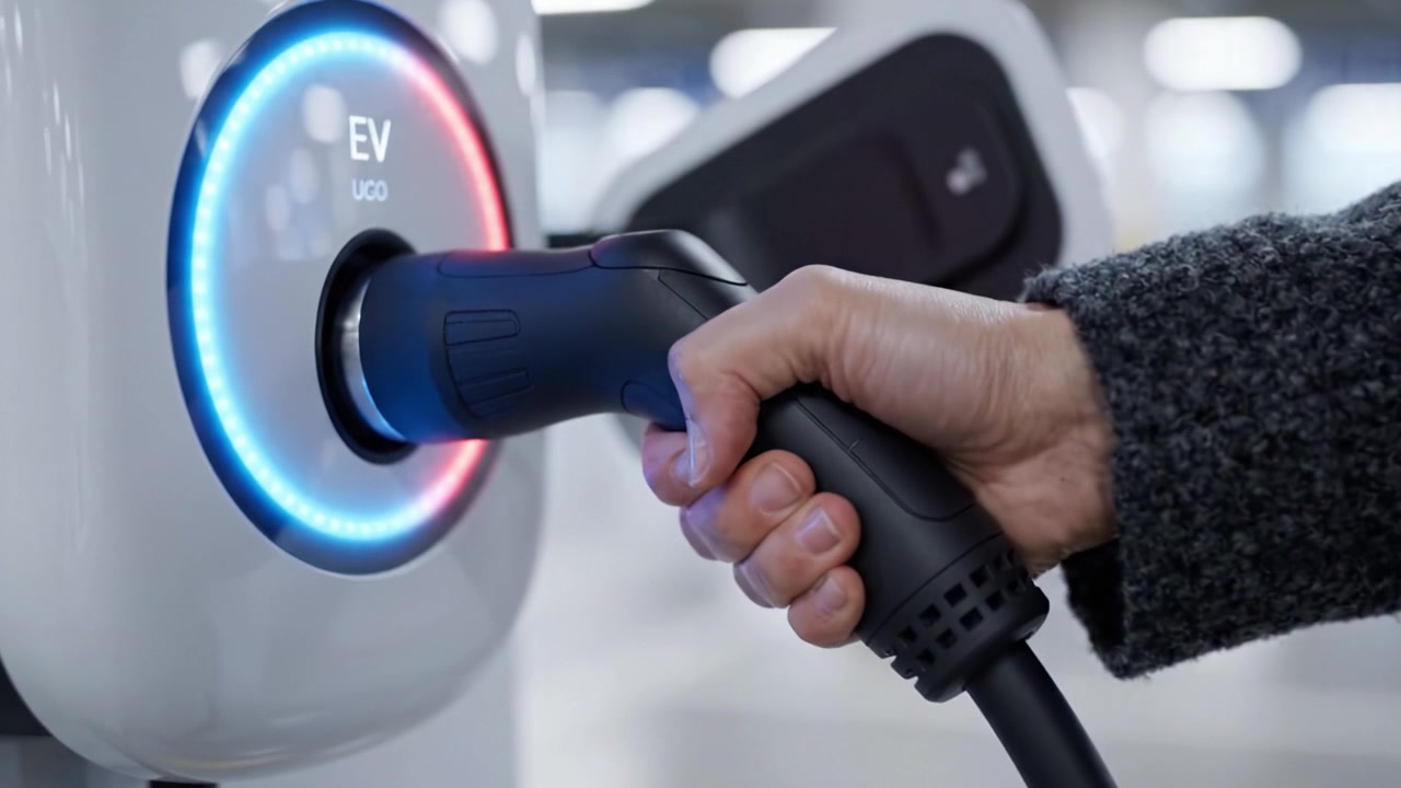 Estação de Carregamento de Veículos Elétricos Apresentando um Close-Up de uma Conexão de Ficha com Luzes Indicadoras Iluminadas em um Ambiente de Garagem Bem Iluminado