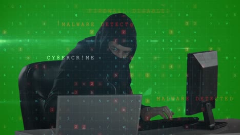 Cyber security data processing over male hacker using computer and laptop against green screen