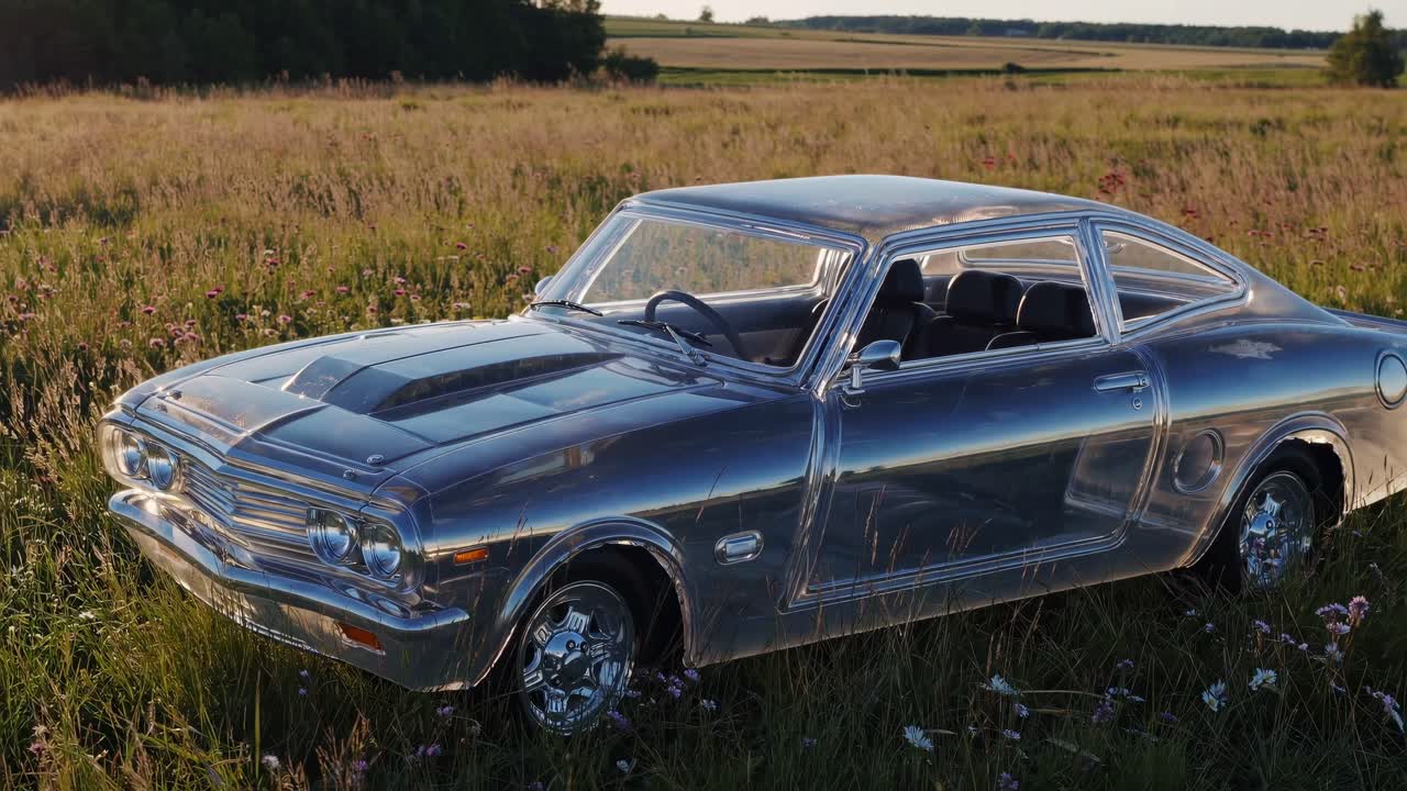 Transparent inflatable muscle car standing in a field at sunset, creating a surreal and eye catching scene with its unique appearance and reflective surface