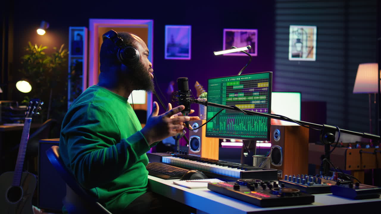 productor cantando una nueva canción para grabar en el micrófono