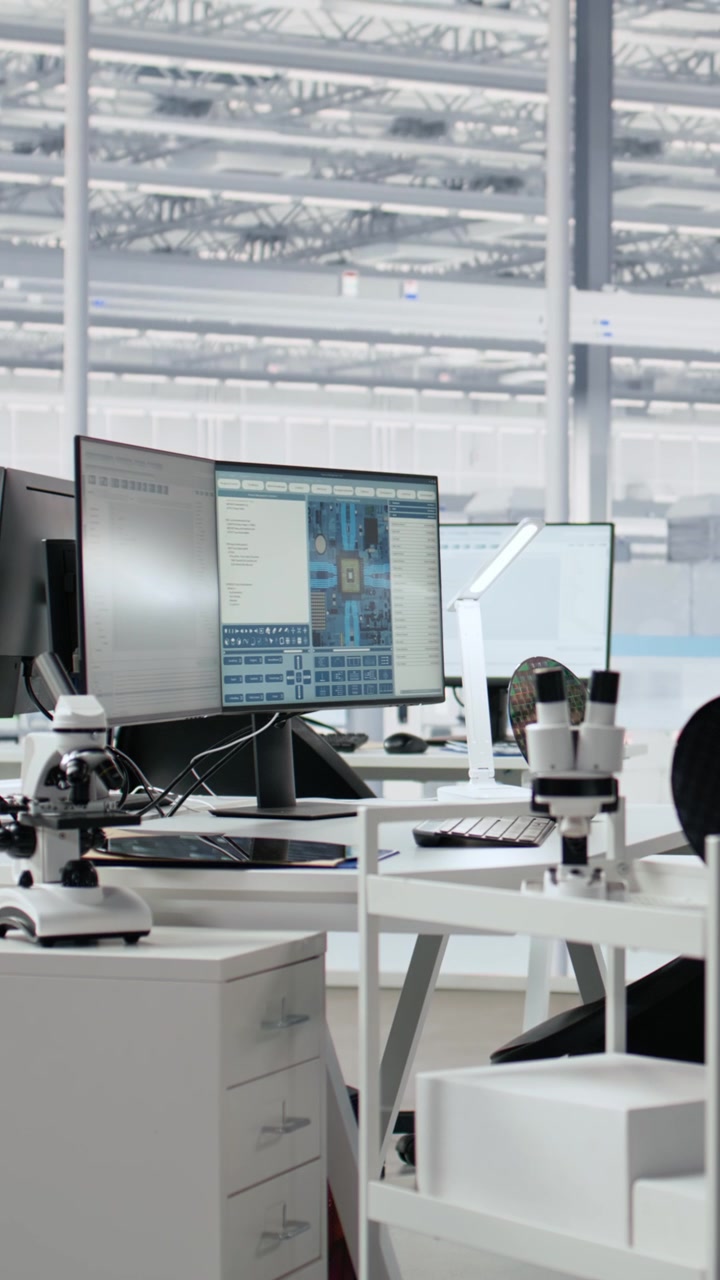 Vertical video Empty semiconductor engineering office with computers
