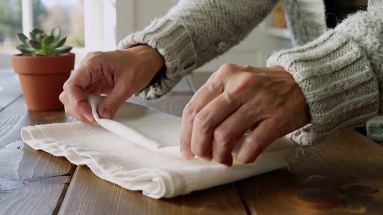 Mani anziane, che indossano un maglione, premono e sollevano un angolo, piegando un panno bianco per riordinare una pianta sul tavolo vicino alla finestra.