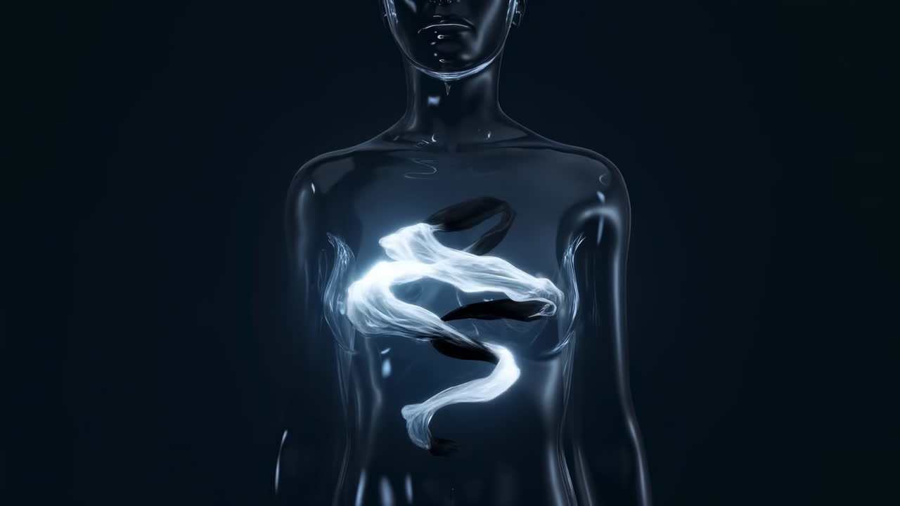 Nastro Luminoso in Torso di Vetro, Visualizzazione Biomedica Futuristica di Energia Spirale Luminosa