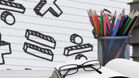 animation of glasses, book, pencil stand over mathematical symbols on white lined paper background