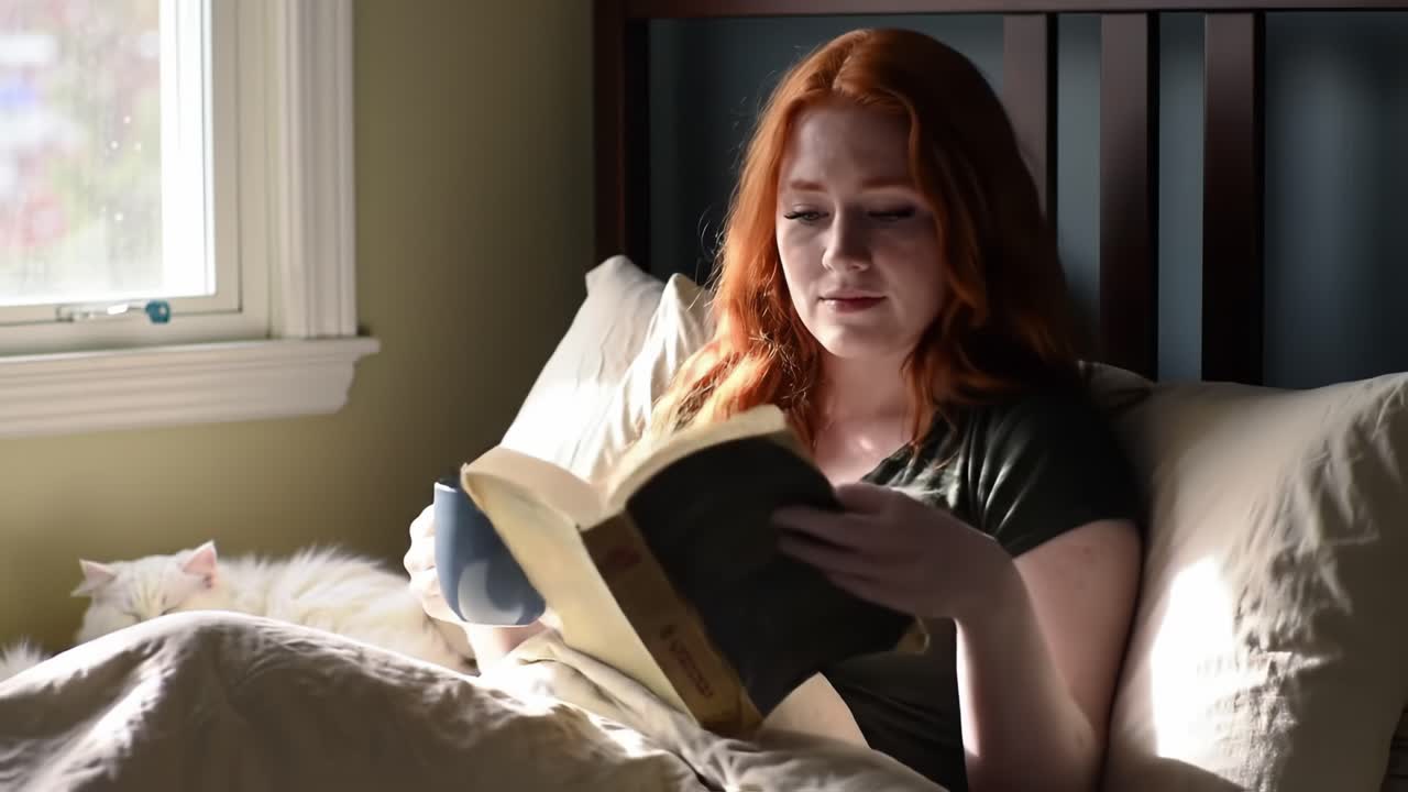 Cozy Moments of Reading: A Serene Scene of a Young Woman Relaxing in Bed with a Book and Warm Beverage, Enjoying the Gentle Light Filtering Through the Window