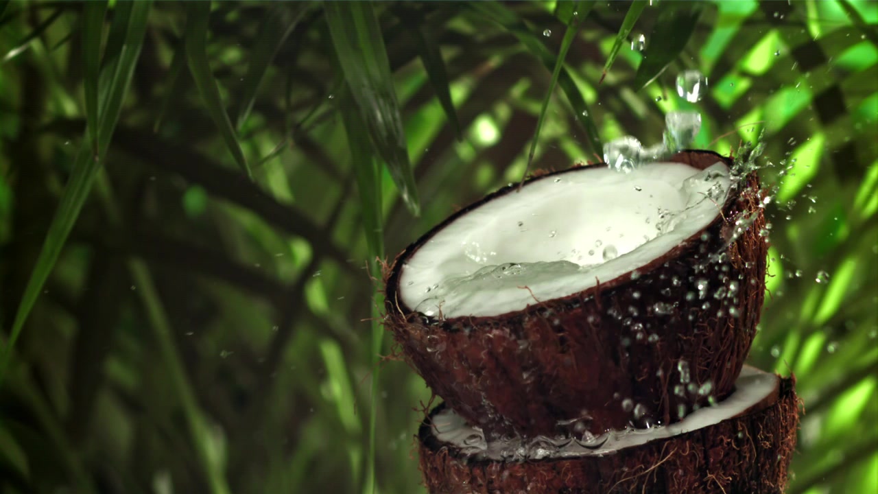 Slow Motion Water Drops Splashing into a Halved Coconut