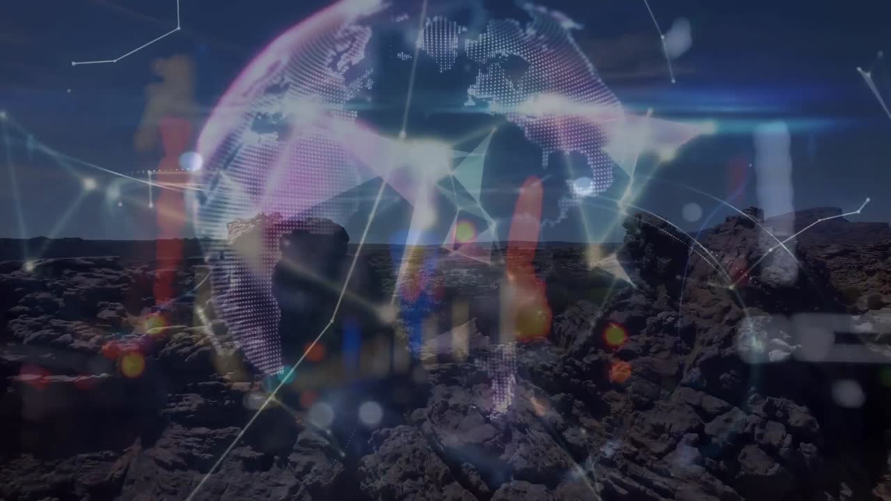 animación de la red de conexiones sobre el paisaje y el globo