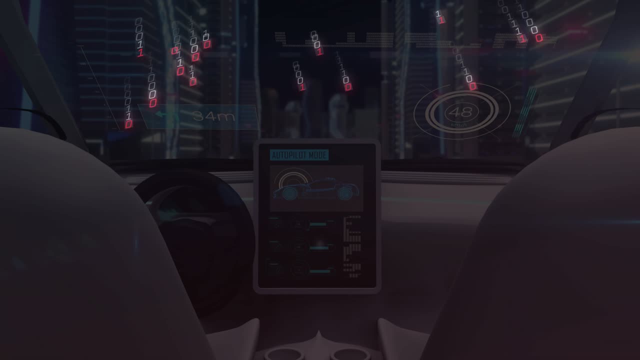 Futuristic car cabin showing status update then emitting falling binary streams to show diagnostics