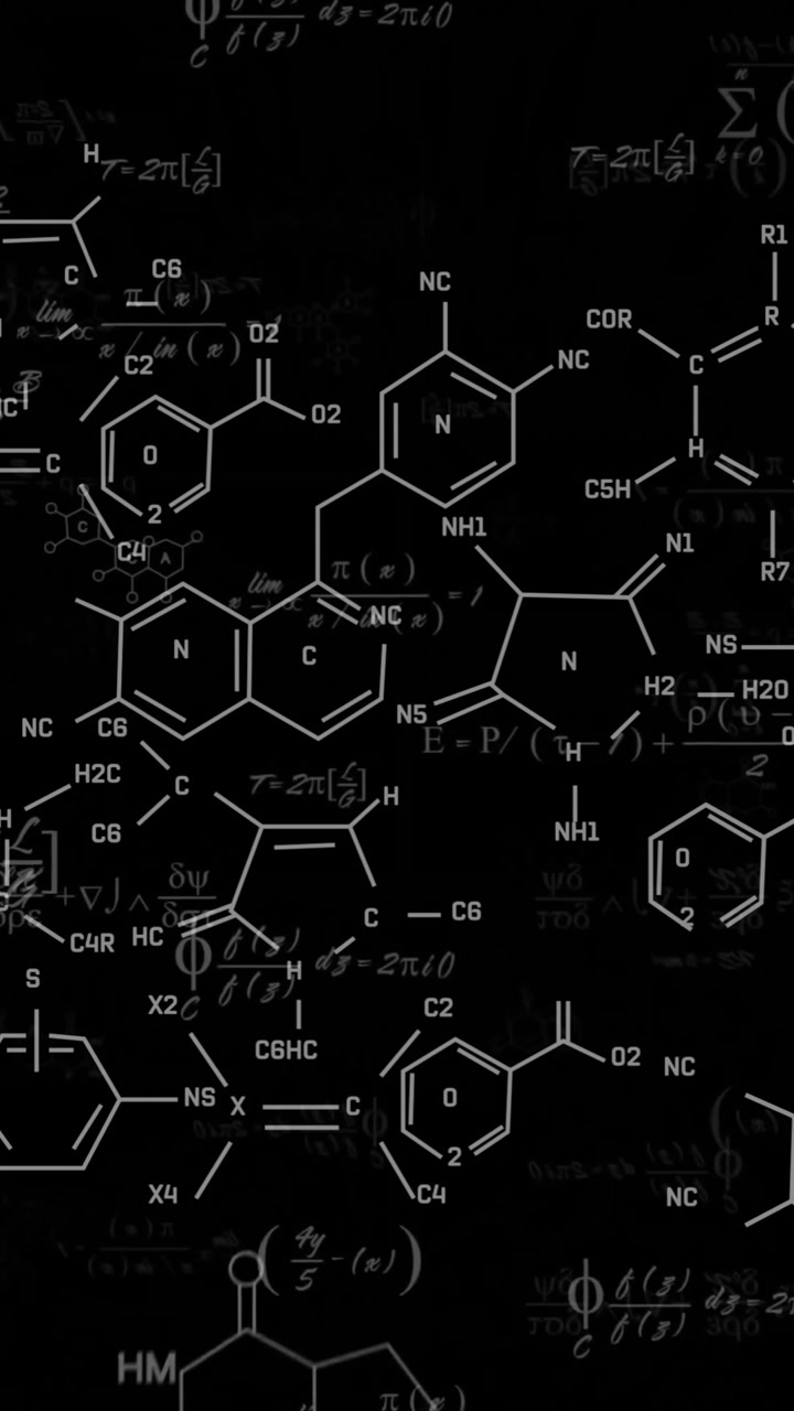 Chemical formulas and molecular structures animation over black background