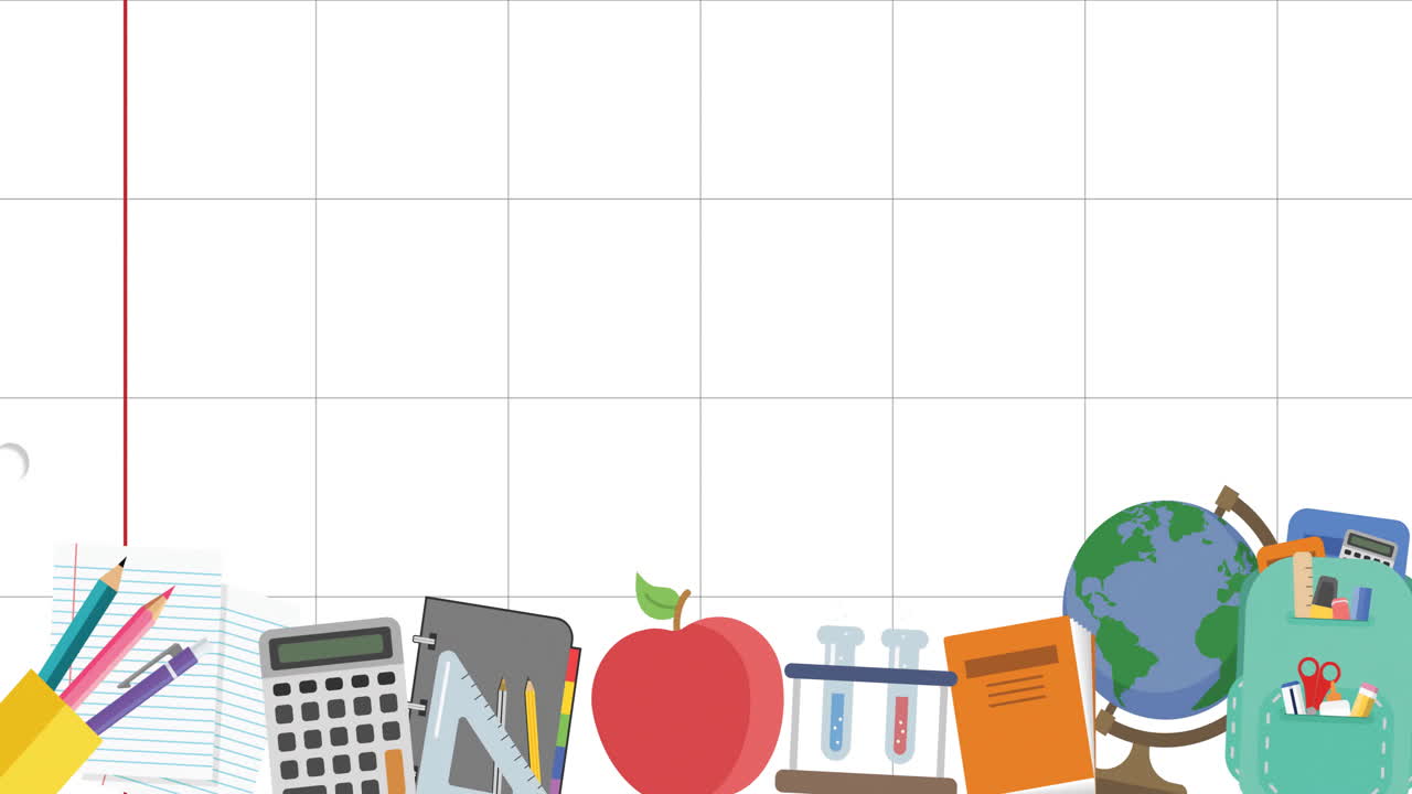 책, 서류, 학교 장비 및 학교 가방의 애니메이션이 사각형의  노트북 페이지 위에