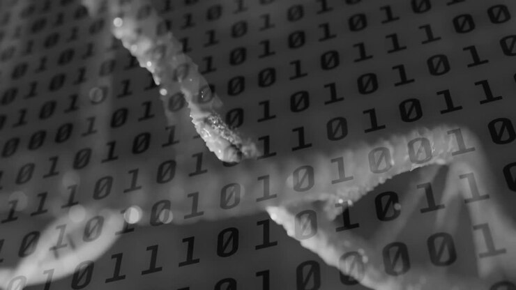 Animatie van binaire dataverwerking over een draaiende DNA-streng.