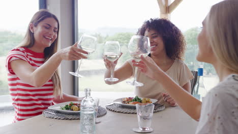 three happy young adult women making a toast, talking and eating at a dinner party