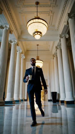 professional businessman walking through a grand architectural hall