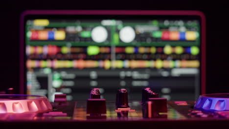 closeup of dj mixing console with vibrant lighting, used for music production and live performances at nightclubs