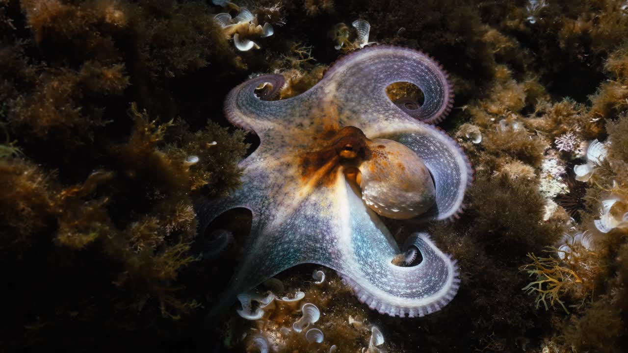 Underwater view of octopus resting on rocky seabed in Ibiza waters with sunlight reflections and small fish swimming nearby