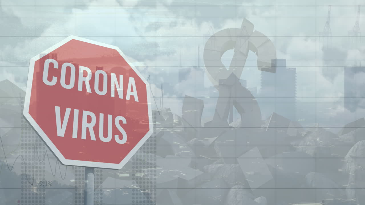 анимация знака запрета на коронавирус над долларом и городским пейзажем