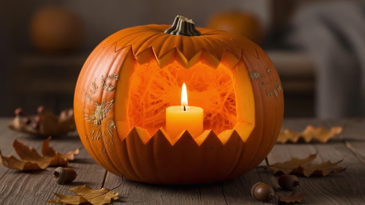 A beautifully carved Halloween pumpkin featuring a glowing candle, set against a cozy autumn backdrop with fallen leaves and warm lighting, creating a festive ambiance