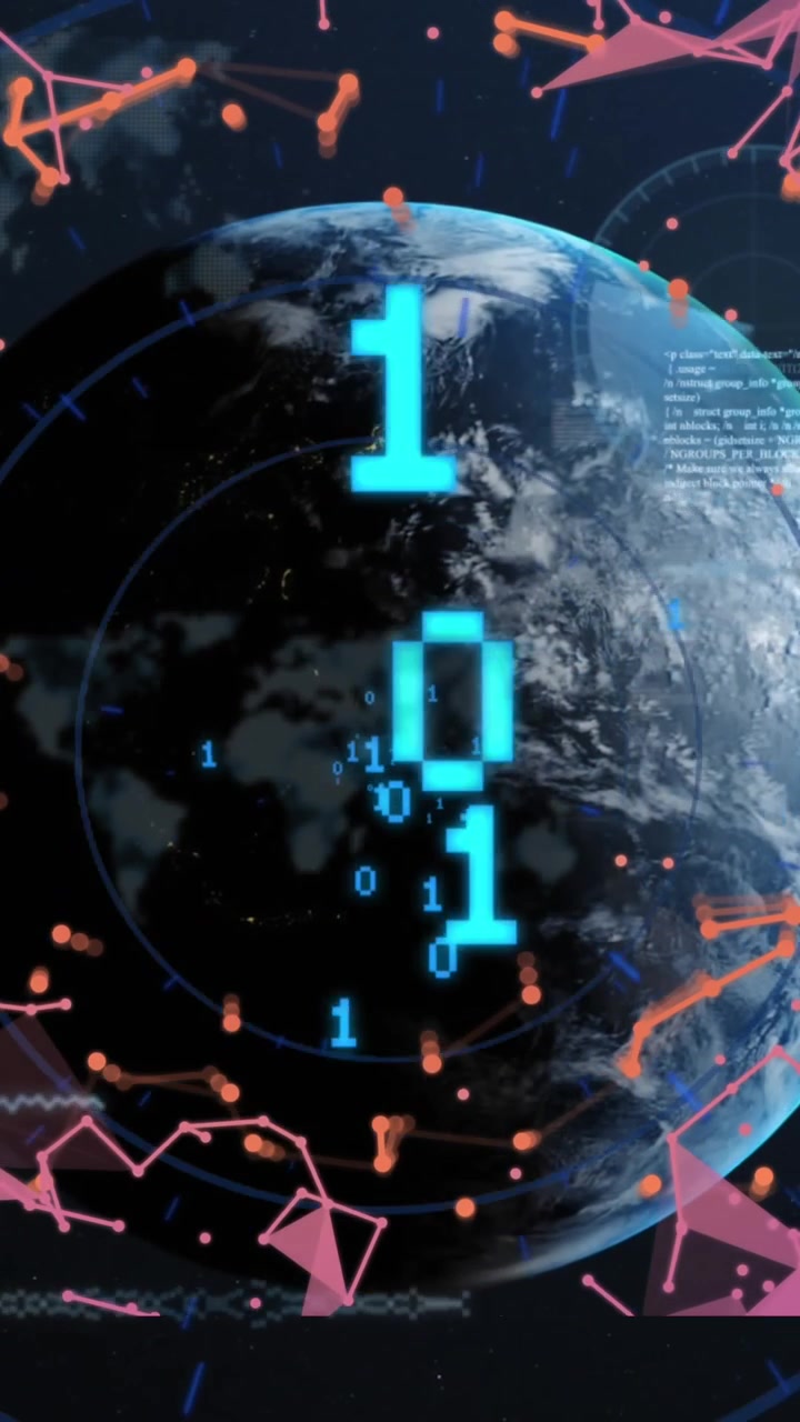 Animazione di elaborazione dati su un globo e connessioni con codifica binaria