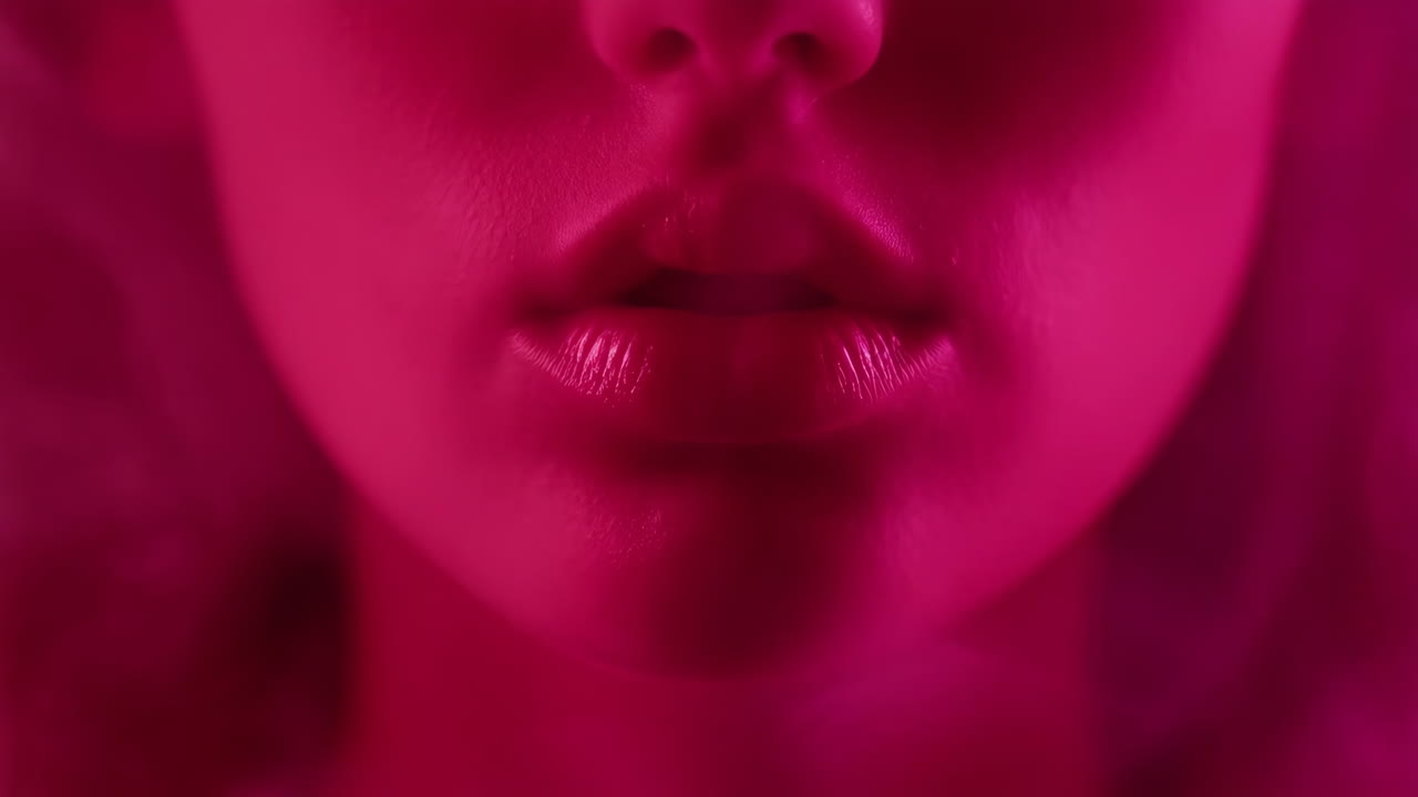 Close-up of Lips in Pink Neon Light