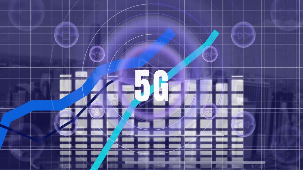 Animazione di testo 5G su forme in movimento