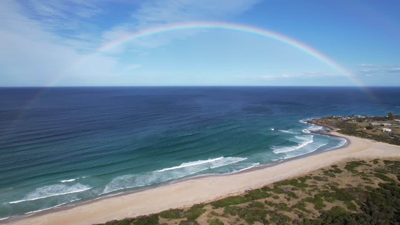 Rainbow Over Steels Beach, Falmouth, Tasmania, Australia - Aerial Drone Shot