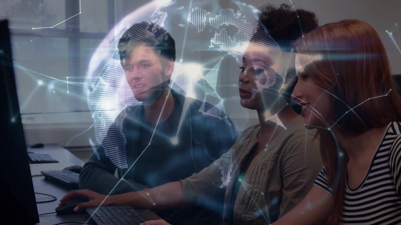 Colleagues typing and activating overlay nodes evolving into rotating globe for tech collaboration