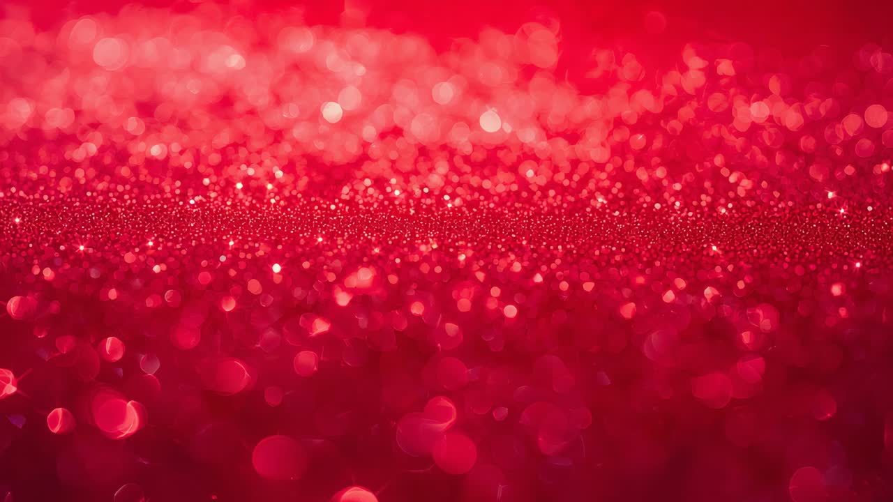 Shifting focus camera capturing red glittery surface in studio macro, revealing changing sparkles