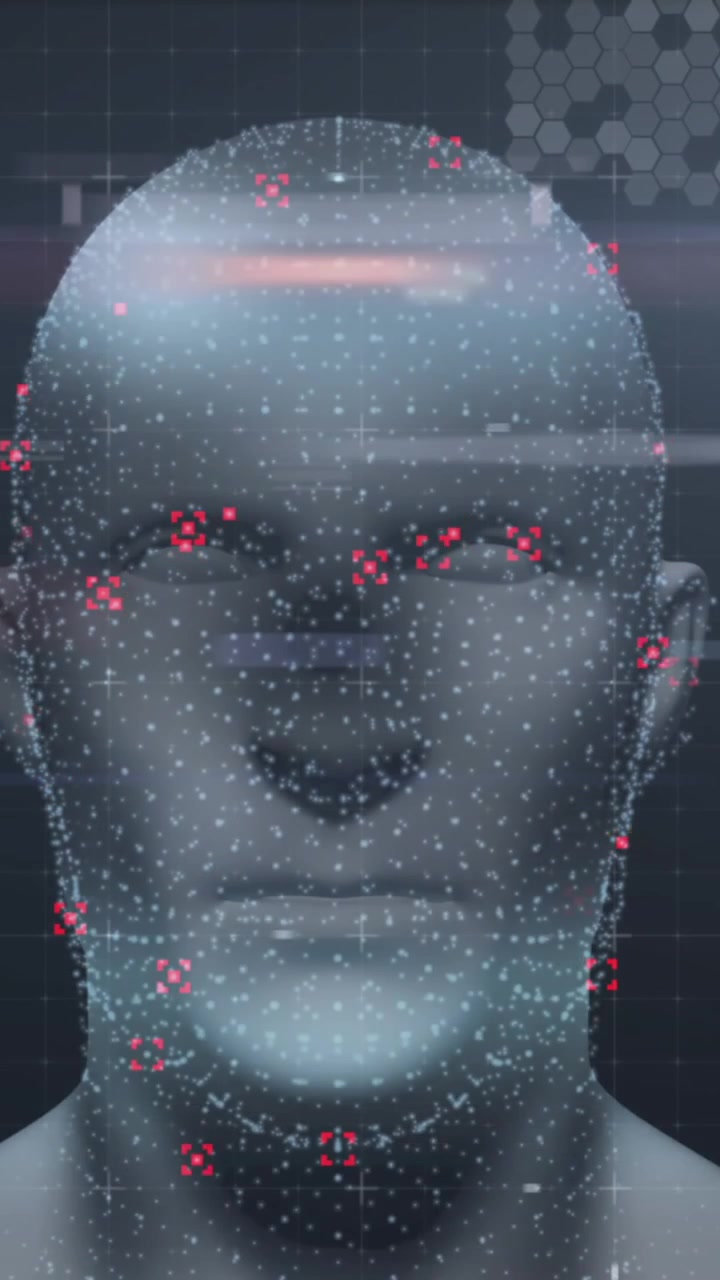 Animation of human head glowing with digital interface data processing