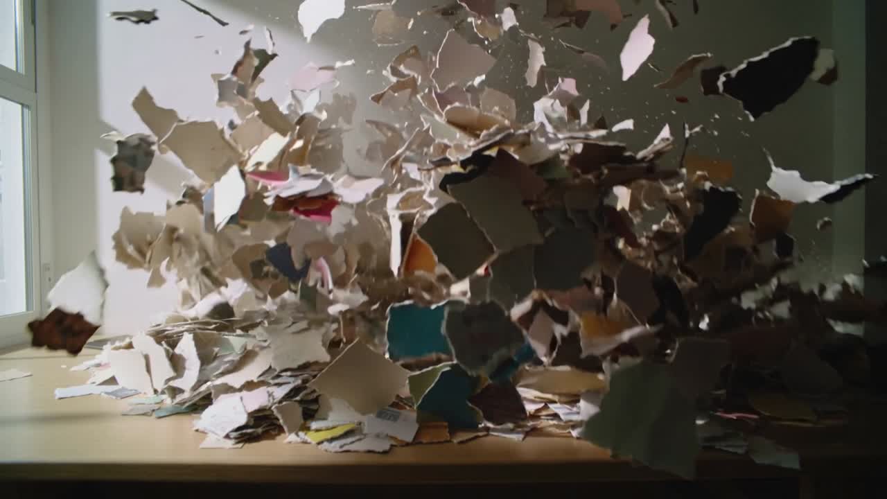 Erupting after lift, multicolored paper mound ejecting sheets on wooden table under left window